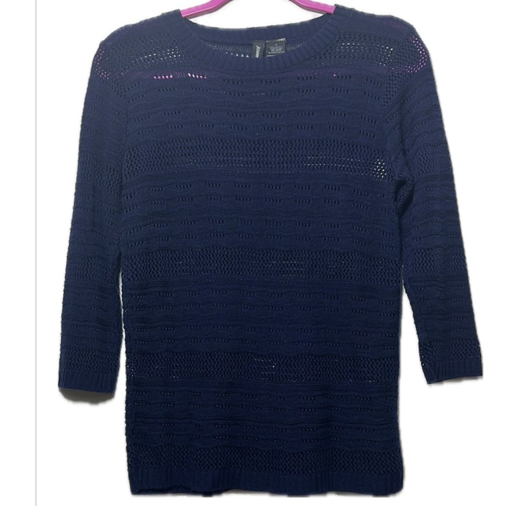 Jason Maxwell Navy Knit top‎ Openwork Texture Round Neck 3/4 Sleeve - S - NWOT